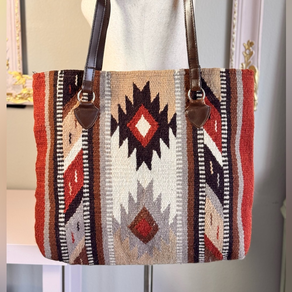 Southwest Style Carpet Bag Tote with Leather Straps - Picture 2 of 8
